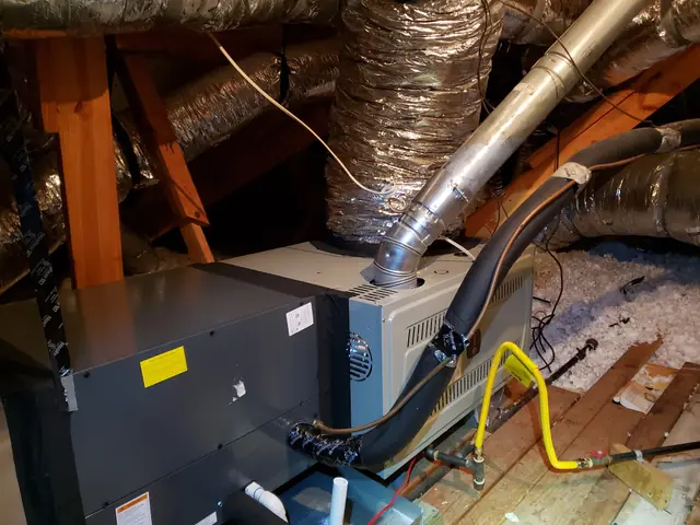 Furnace and evaporator coil in a rafter bay with a new flue and insulated refrigerant lineset